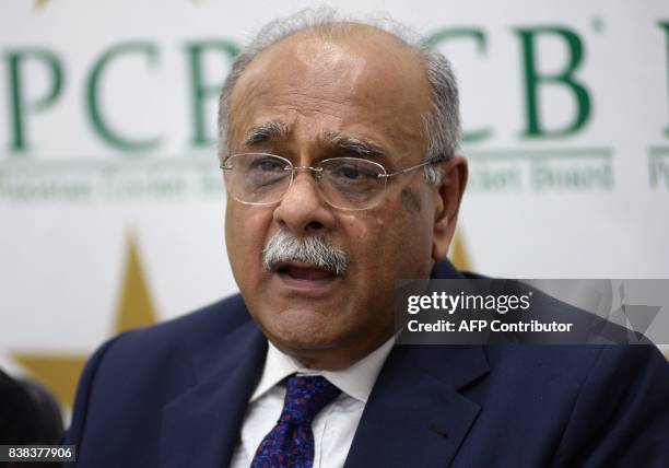 Chairman of the Pakistan Cricket Board Najam Sethi speaks during a press conference in Lahore on August 24, 2017. South African skipper Faf du...