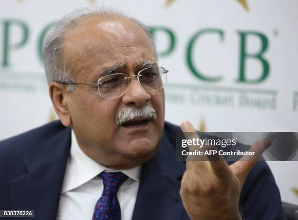Chairman of the Pakistan Cricket Board Najam Sethi speaks during a press conference in Lahore on August 24, 2017. South African skipper Faf du...
