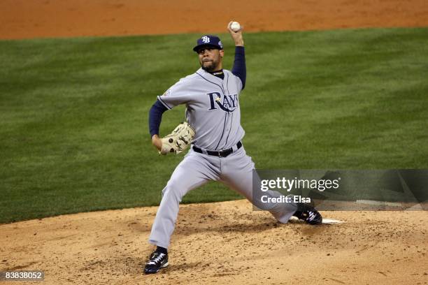 David Price of the Tampa Bay Rays throws a pitch against the Philadelphia Phillies during the continuation of game five of the 2008 MLB World Series...
