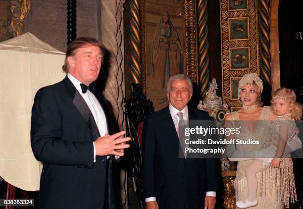 View of, from left, American real estate developer Donald Trump, musician Tony Bennett, actress Marla Maples, and her daughter, Tiffany Trump, during...