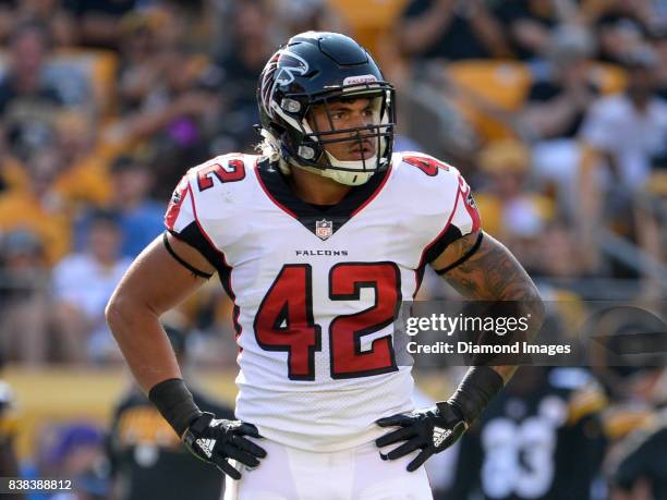 Linebacker Duke Riley of the Atlanta Falcons looks toward the sideline in the second quarter of a preseason game on August 20, 2017 against the...