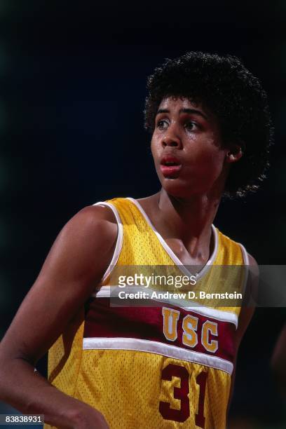 Cheryl Miller of the USC Trojans plays defense during a game on January 1983 at the Great Western Forum in Inglewood, California.