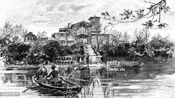 wien prater: two women in a rowing boat - prater amusement park stock illustrations