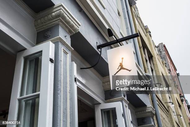 All Star Weekend: View of awning with Nike Jumpman logo hanging above store outside of Smoothie King Center. New Orleans, LA 2/17/2017 CREDIT:...