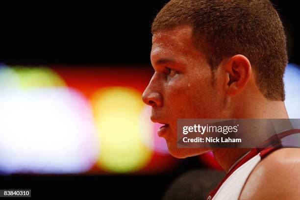 Blake Griffin of the Oklahoma Sooners looks on against the UAB Blazers during the pre-season NIT at Madison Square Garden November 26, 2008 in New...