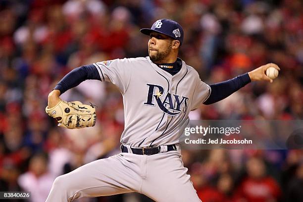 David Price of the Tampa Bay Rays throws a pitch against the Philadelphia Phillies during the continuation of game five of the 2008 MLB World Series...