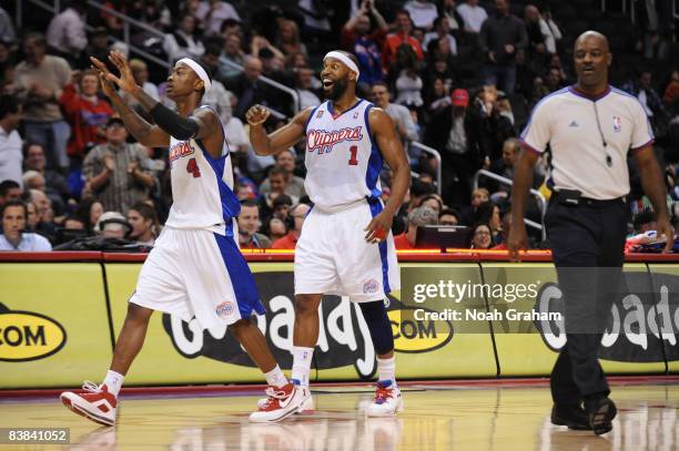 Mike Taylor and Baron Davis of the Los Angeles Clippers react during the game against the Denver Nuggets at Staples Center on November 26, 2008 in...