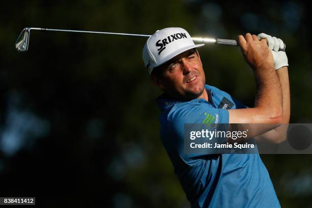 Keegan Bradley of the United States plays his shot from the second tee during round one of The Northern Trust at Glen Oaks Club on August 24, 2017 in...