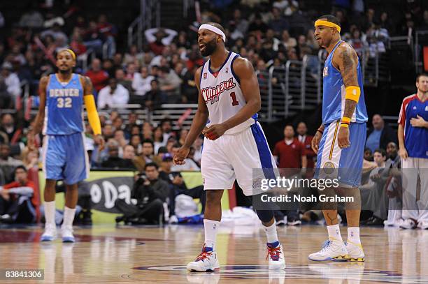 Baron Davis of the Los Angeles Clippers reacts during the game against the Denver Nuggets at Staples Center on November 26, 2008 in Los Angeles,...