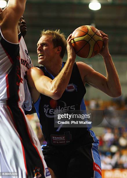 Rick Rickert of the New Zealand Breakers has his path blocked during the round 11 NBL match between the New Zealand Breakers and the Perth Wildcats...