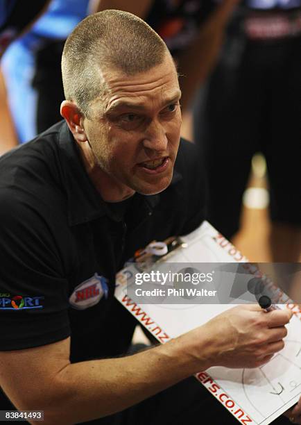 New Zealand Breakers head coach Andrej Lemanis instructs his team during the round 11 NBL match between the New Zealand Breakers and the Perth...