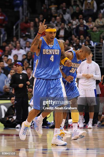 Kenyon Martin of the Denver Nuggets gestures during the game against the Los Angeles Clippers at Staples Center on November 26, 2008 in Los Angeles,...