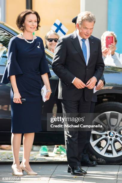 Finnish president Sauli Niinisto and wife Jenni Haukio attend celebrations marking Finnlands centenary at Kungstrdgarden on August 24, 2017 in...