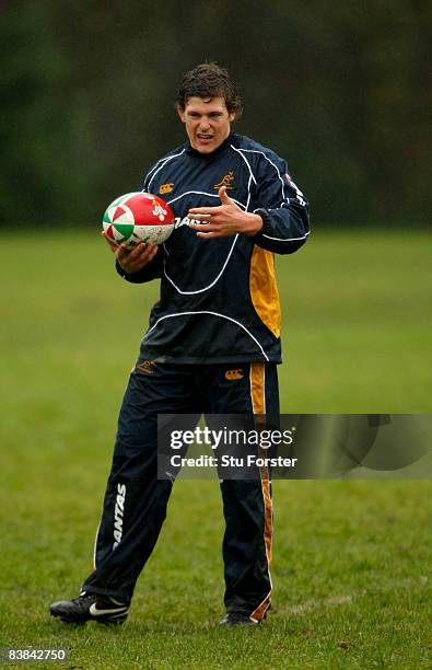 Wallabies scrum half Luke Burgess makes a point during Wallabies Rugby Union Training at Treforest on November 27, 2008 in Cardiff, Wales.