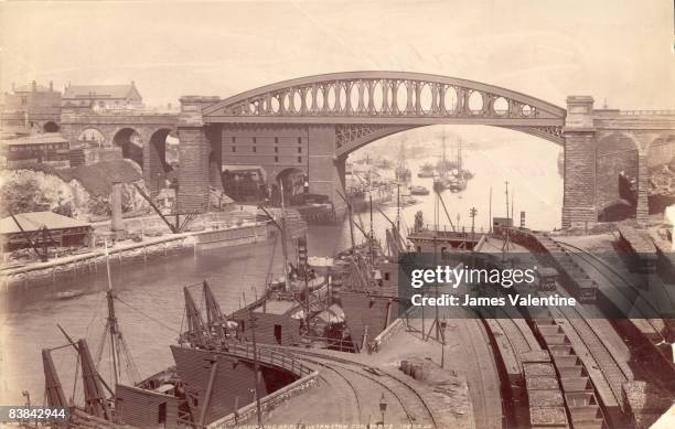 Sunderland Bridge and Lambton coal drops on the River Wear, circa 1880.