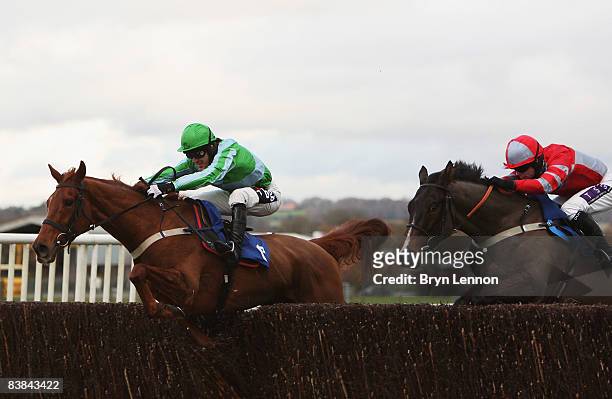 Tony McCoy riding Gone to Lunch jumps the last fence on his way to winning The GPG Novices' Steeple Chase during Newbury Races on November 27, 2008...