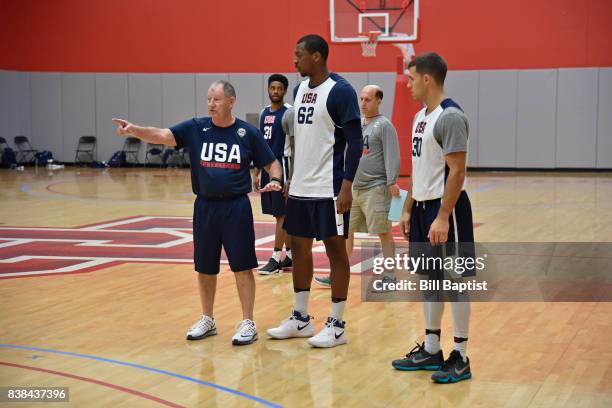 Morris McHone coaches Jonathan Holmes and Billy Baron of the USA AmeriCup Team during a training camp at the University of Houston in Houston, Texas...