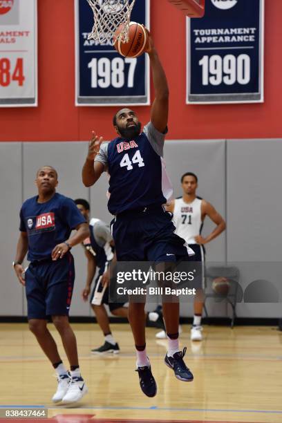 Reggie Williams of the USA AmeriCup Team drives to the basket during a training camp at the University of Houston in Houston, Texas on August 23,...