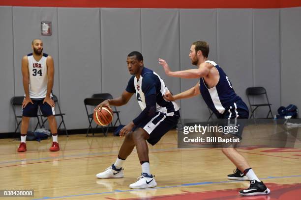 Jonathan Holmes of the USA AmeriCup Team drives to the basket during a training camp at the University of Houston in Houston, Texas on August 23,...