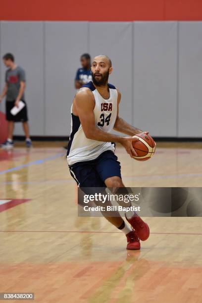 Kendall Marshall of the USA AmeriCup Team passes the ball during a training camp at the University of Houston in Houston, Texas on August 23, 2017....