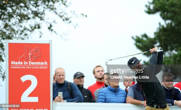 Thorbjorn Olesen of Denmark hits his tee shot on the 2nd hole during day one of Made in Denmark at Himmerland Golf & Spa Resort on August 24, 2017 in...