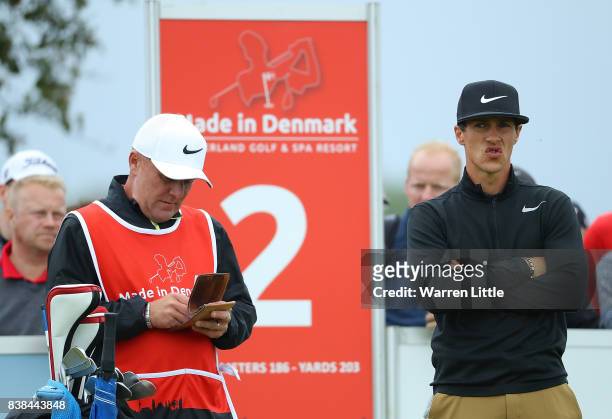 Thorbjorn Olesen of Denmark looks on on the 2nd tee during day one of Made in Denmark at Himmerland Golf & Spa Resort on August 24, 2017 in Aalborg,...