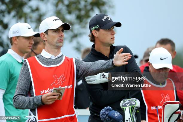 Thomas Pieters of Belgium prepares to hit his tee shot on the 2nd hole during day one of Made in Denmark at Himmerland Golf & Spa Resort on August...