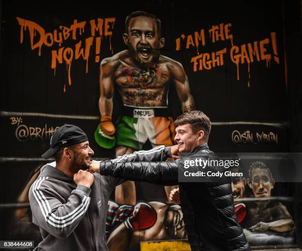 Dublin , Ireland - 24 August 2017; Sin Nightclub employees Shaq Eustace, left, and Thomas Harmon pictured in front of a mural of Conor McGregor and...