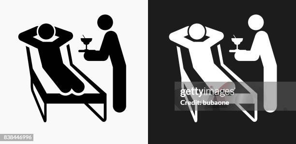 stick figure on beach chair icon on black and white vector backgrounds - outdoor chair white background stock illustrations