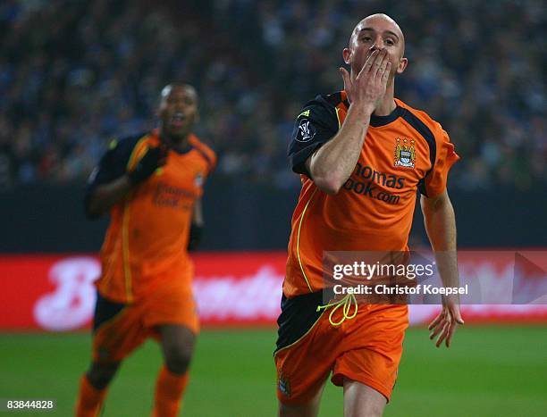 Stephen Ireland of Manchester City celebrates the second goal during the UEFA Cup Group A match between FC Schalke 04 and Manchester City at the...