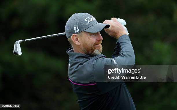 Stephen Gallacher of Scotland hits his tee shot on the 2nd hole during day one of Made in Denmark at Himmerland Golf & Spa Resort on August 24, 2017...