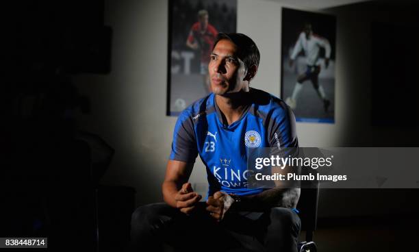 Leicester City's Leonardo Ulloa signs a new contract at Belvoir Drive Training Complex on August 24 , 2017 in Leicester, United Kingdom.