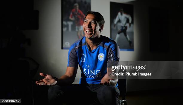 Leicester City's Leonardo Ulloa signs a new contract at Belvoir Drive Training Complex on August 24 , 2017 in Leicester, United Kingdom.