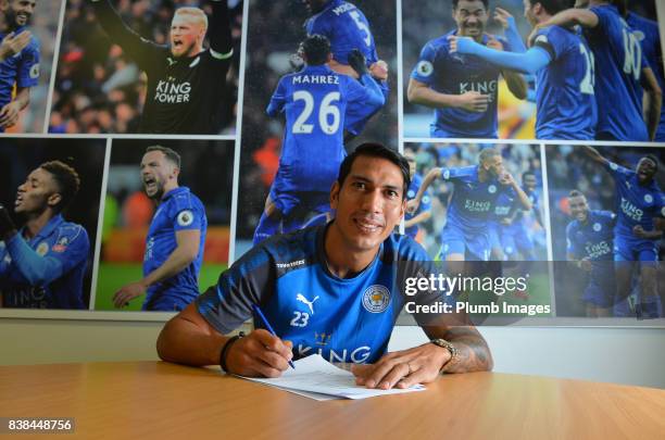 Leicester City's Leonardo Ulloa signs a new contract at Belvoir Drive Training Complex on August 24 , 2017 in Leicester, United Kingdom.