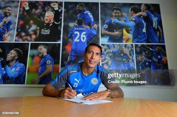 Leicester City's Leonardo Ulloa signs a new contract at Belvoir Drive Training Complex on August 24 , 2017 in Leicester, United Kingdom.