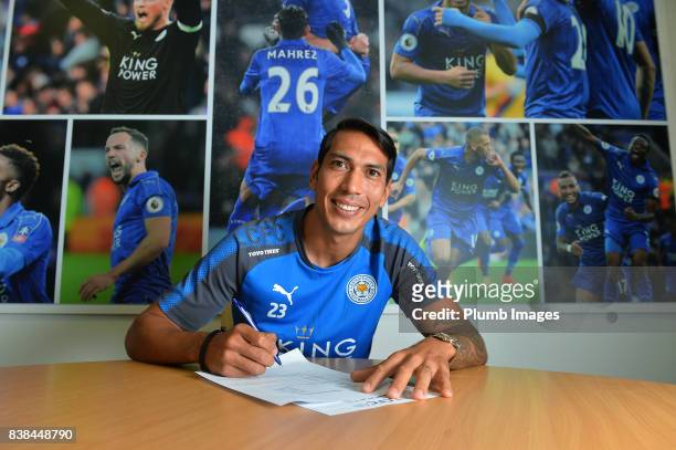Leicester City's Leonardo Ulloa signs a new contract at Belvoir Drive Training Complex on August 24 , 2017 in Leicester, United Kingdom.