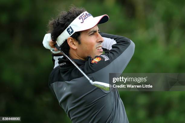 Carlos Pigem of Spain hits his tee shot on the 2nd hole during day one of Made in Denmark at Himmerland Golf & Spa Resort on August 24, 2017 in...