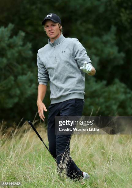 Martin Ulseth of Norway hits his second shot on the 1st hole during day one of Made in Denmark at Himmerland Golf & Spa Resort on August 24, 2017 in...