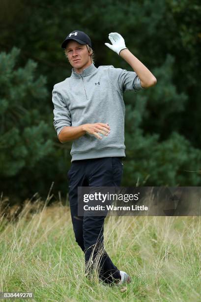 Martin Ulseth of Norway hits his second shot on the 1st hole during day one of Made in Denmark at Himmerland Golf & Spa Resort on August 24, 2017 in...