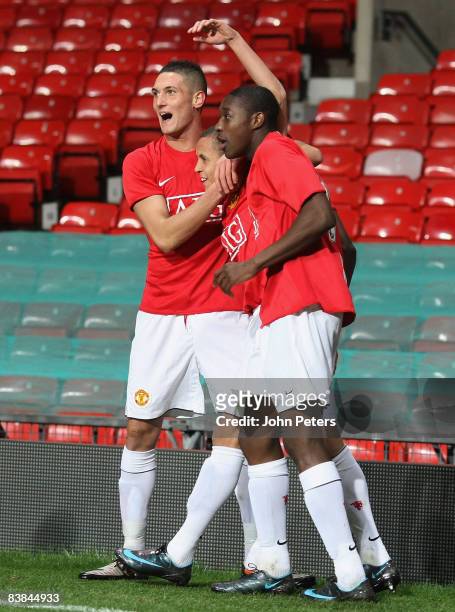 Ravel Morrison of Manchester United celebrates scoring their first goal during the FA Youth Cup Third Round match between Manchester United Academy...