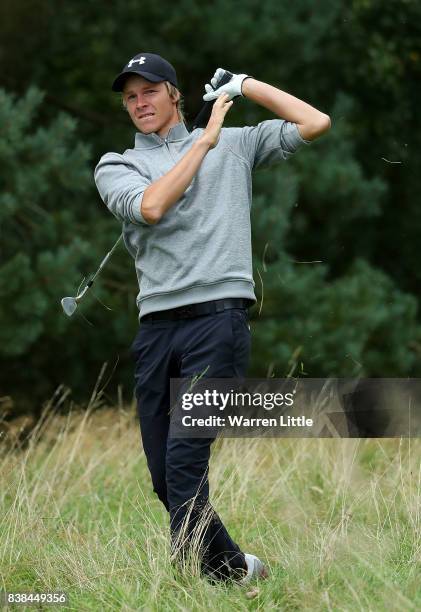 Martin Ulseth of Norway hits his second shot on the 1st hole during day one of Made in Denmark at Himmerland Golf & Spa Resort on August 24, 2017 in...