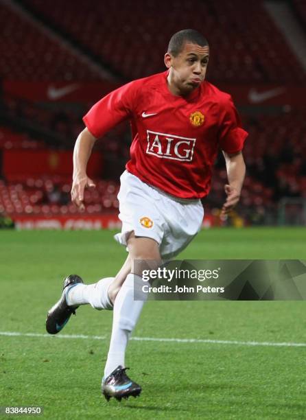 Ravel Morrison of Manchester United celebrates scoring their first goal during the FA Youth Cup Third Round match between Manchester United Academy...