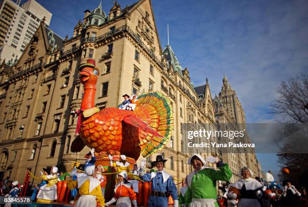 Parade participants guide a turkey float at the annual Macy's Thanksgiving Day Parade on November 27, 2008 in New York City.