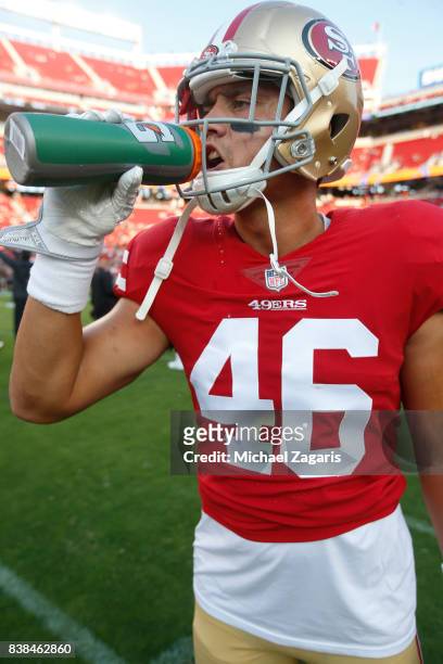 Cole Hikutini of the San Francisco 49ers stands on the field prior to the game against the Denver Broncos at Levi Stadium on August 19, 2017 in Santa...