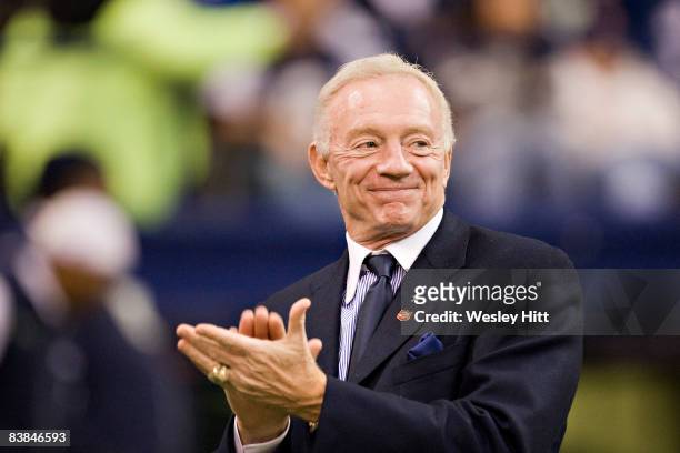 Owner Jerry Jones of the Dallas Cowboys smiles at the end of the game against the Seattle Seahawks at Texas Stadium November 27, 2008 in Irving,...