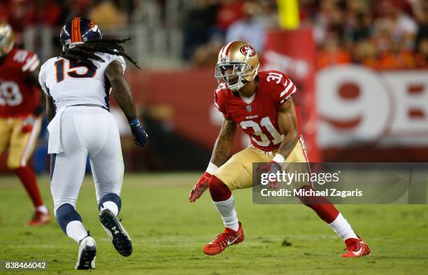 Asa Jackson of the San Francisco 49ers defends during the game against the Denver Broncos at Levi Stadium on August 19, 2017 in Santa Clara,...