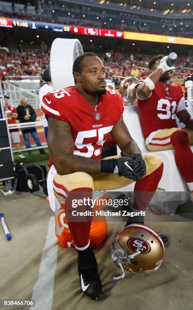 Ahmad Brooks of the San Francisco 49ers sits on the sideline during the game against the Denver Broncos at Levi Stadium on August 19, 2017 in Santa...