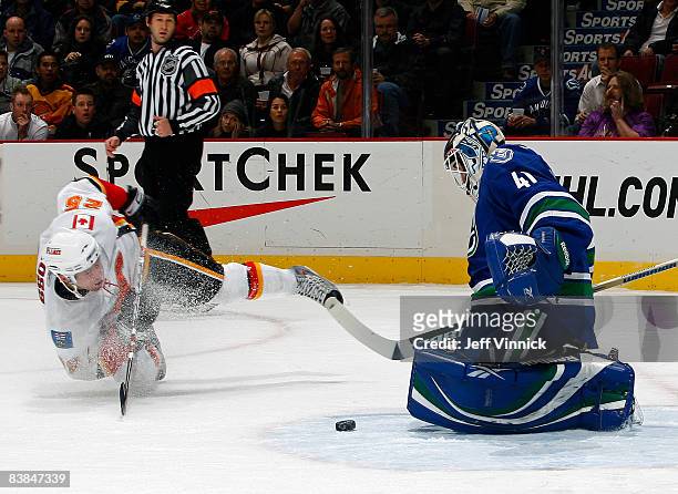 Curtis Sanford of the Vancouver Canucks makes a save off the shot of David Moss of the Calgary Flames during their game at General Motors Place...