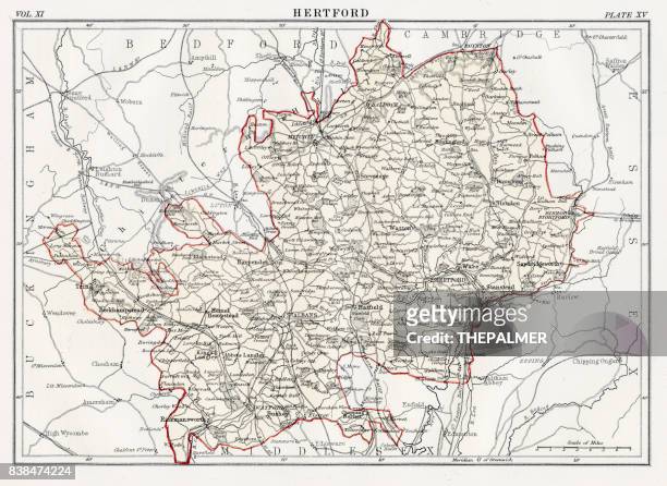 map of hertford 1883 - hertfordshire stock illustrations