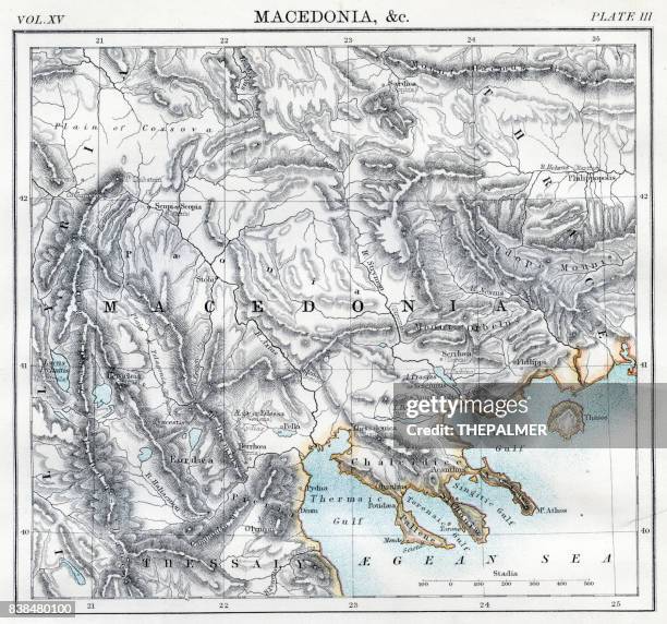 antike landkarte von mazedonien gravur 1883 - provinz makedonien stock-grafiken, -clipart, -cartoons und -symbole